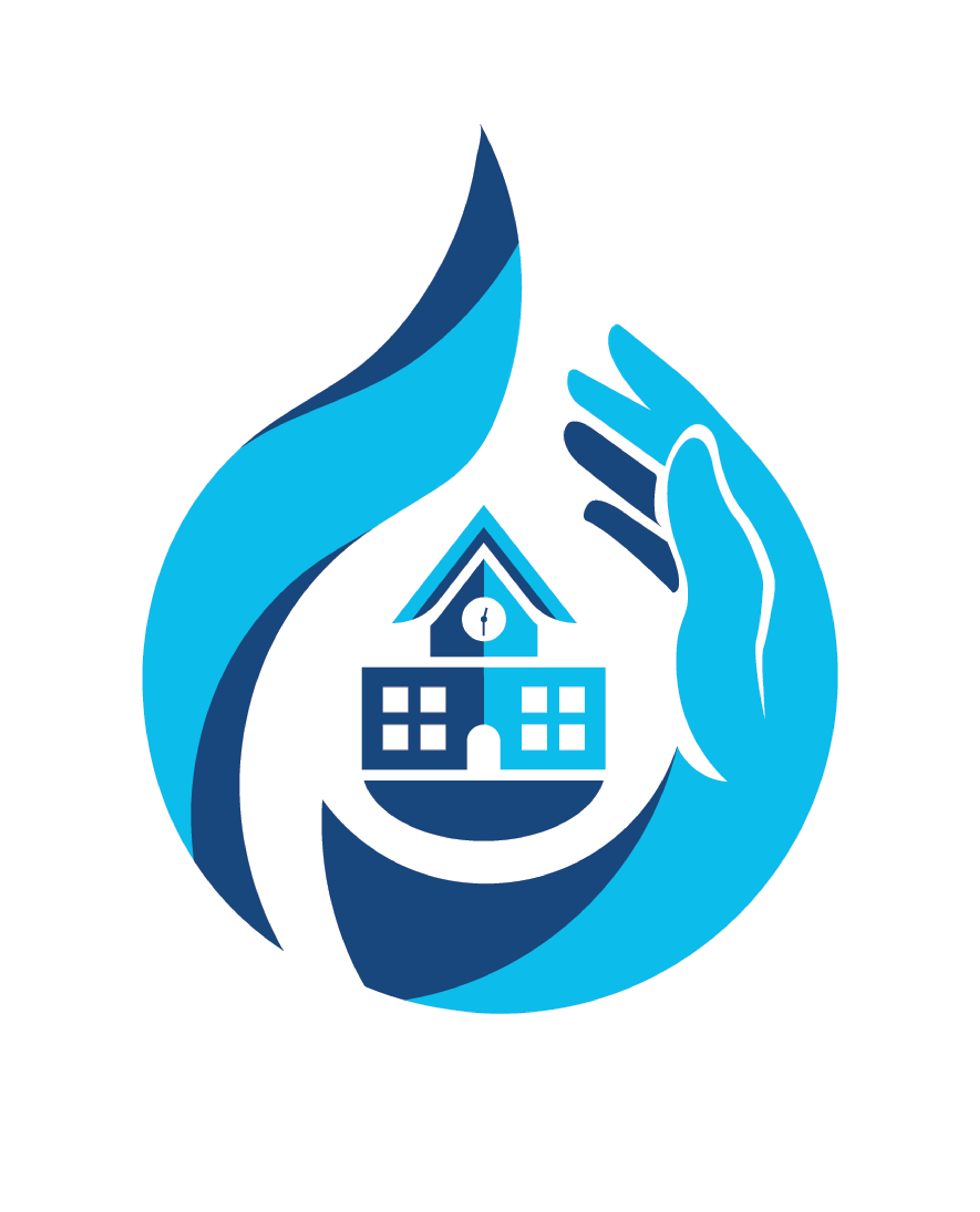 Energizing Communities Collective logo, a schoolhouse cradled by a hand within a flame-shaped droplet.
