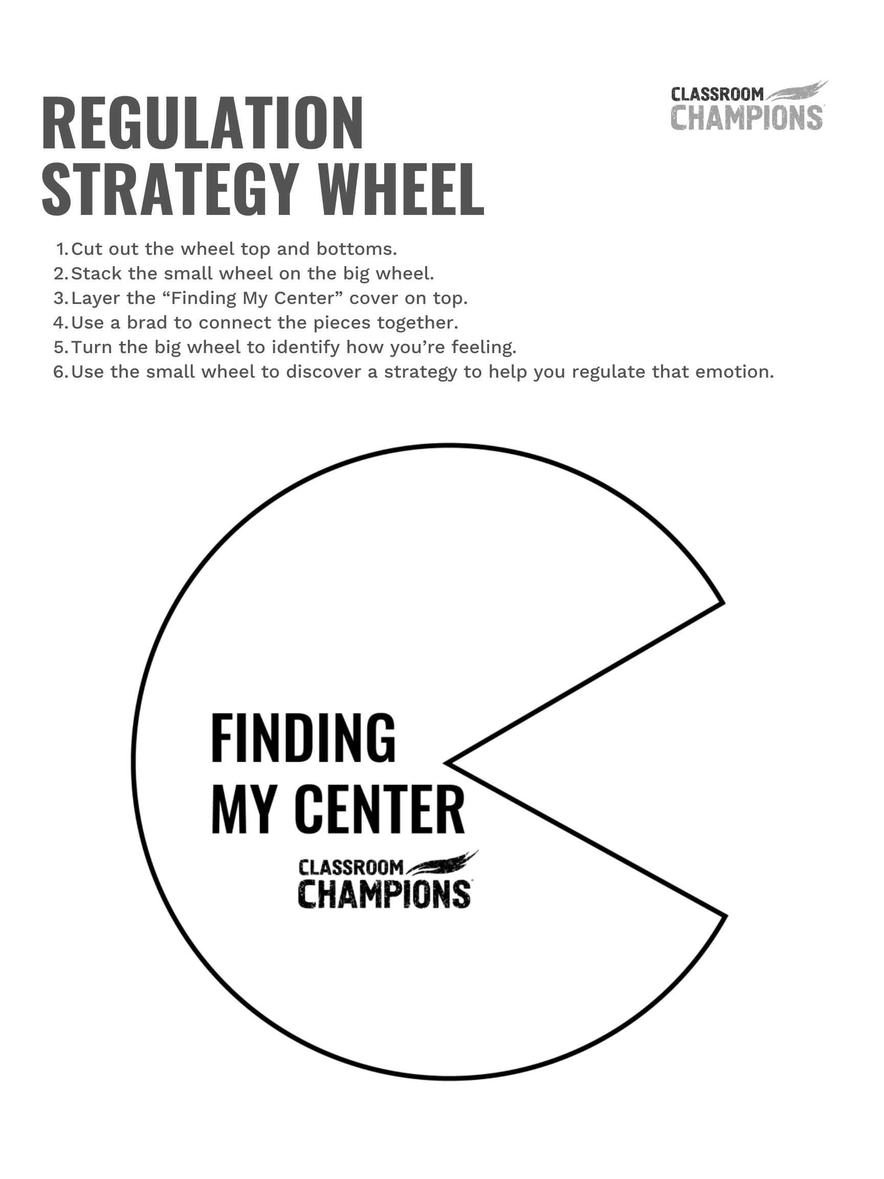 Printable Regulation Strategy Wheel activity with instructions to build a 'Finding My Center' emotion wheel craft.