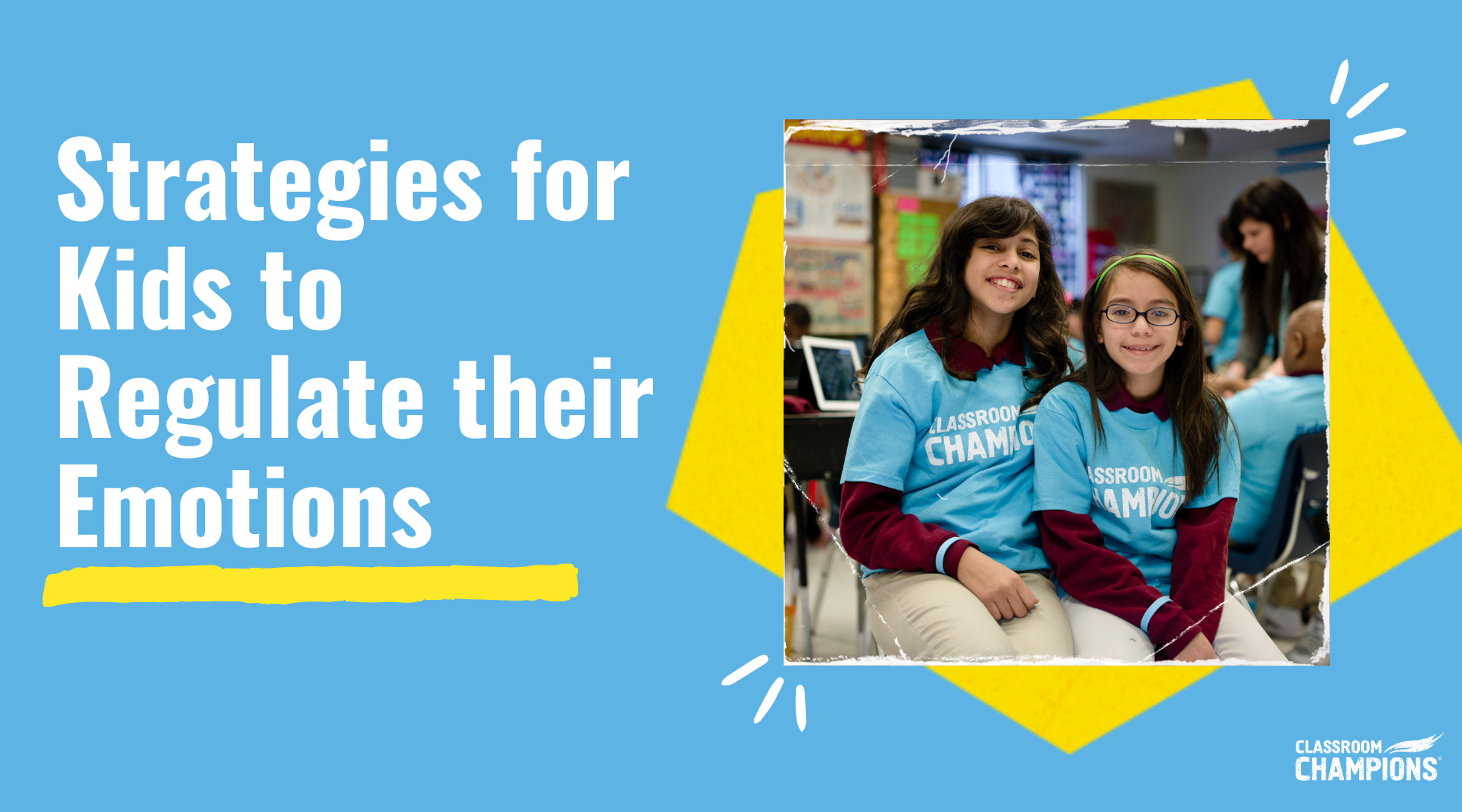 Two students in Classroom Champions t-shirts smiling together in their classroom.