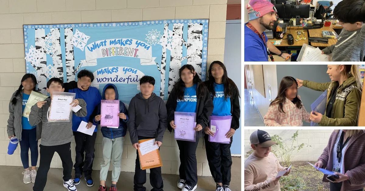 Students hold certificates by a bulletin board reading "What makes you different makes you wonderful," alongside classroom mentoring moments.