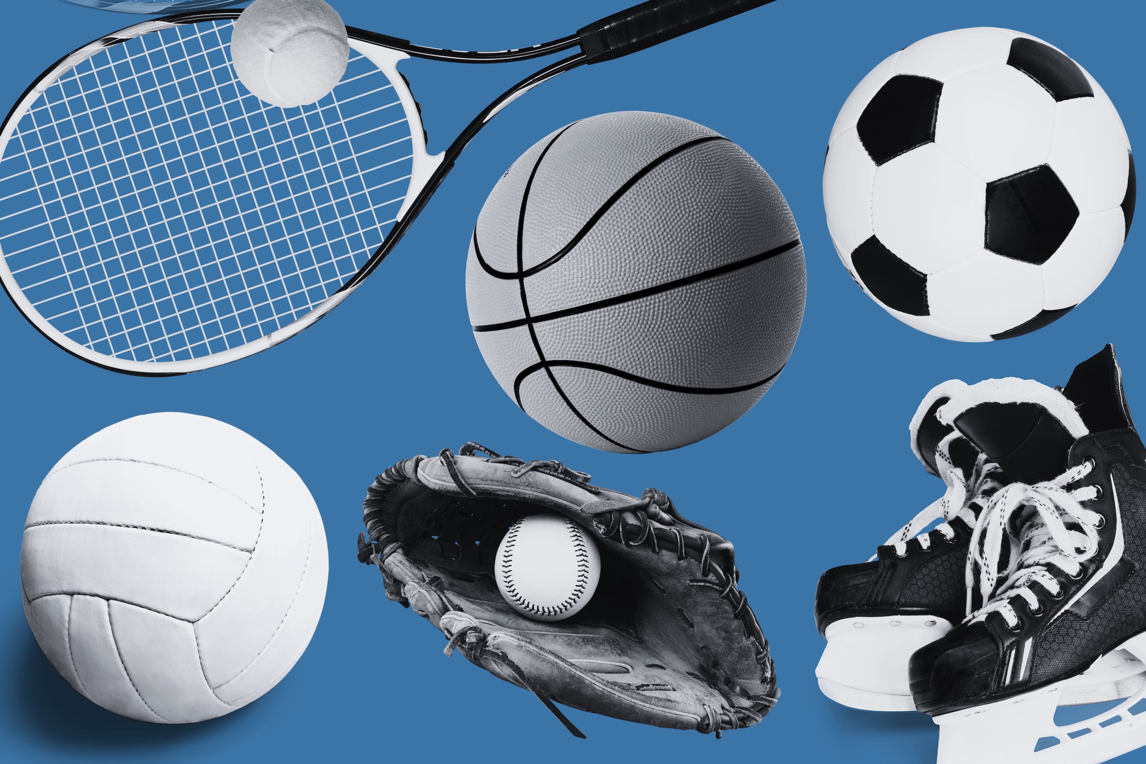 Equipment for tennis, basketball, soccer, volleyball, baseball, and hockey representing a variety of sports.