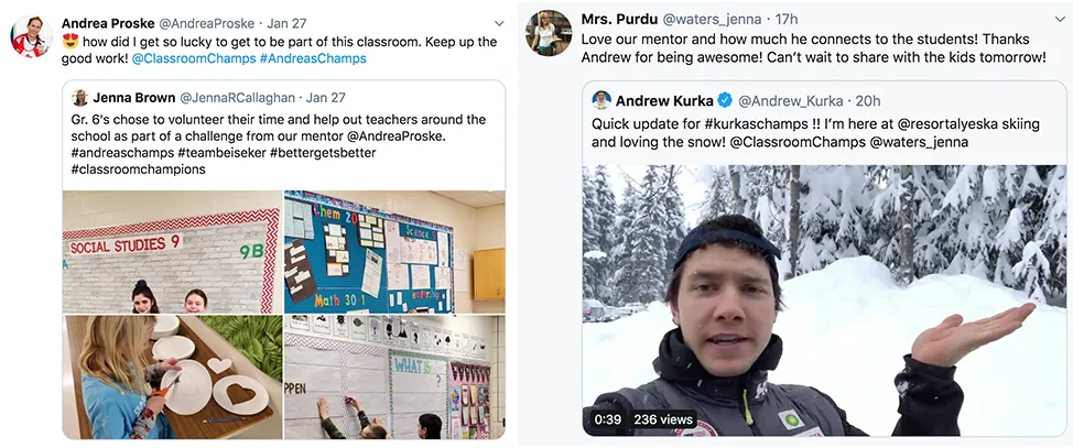 Two tweets: students' classroom volunteer collage, and mentor Andrew Kurka giving a video update from a snowy ski resort.