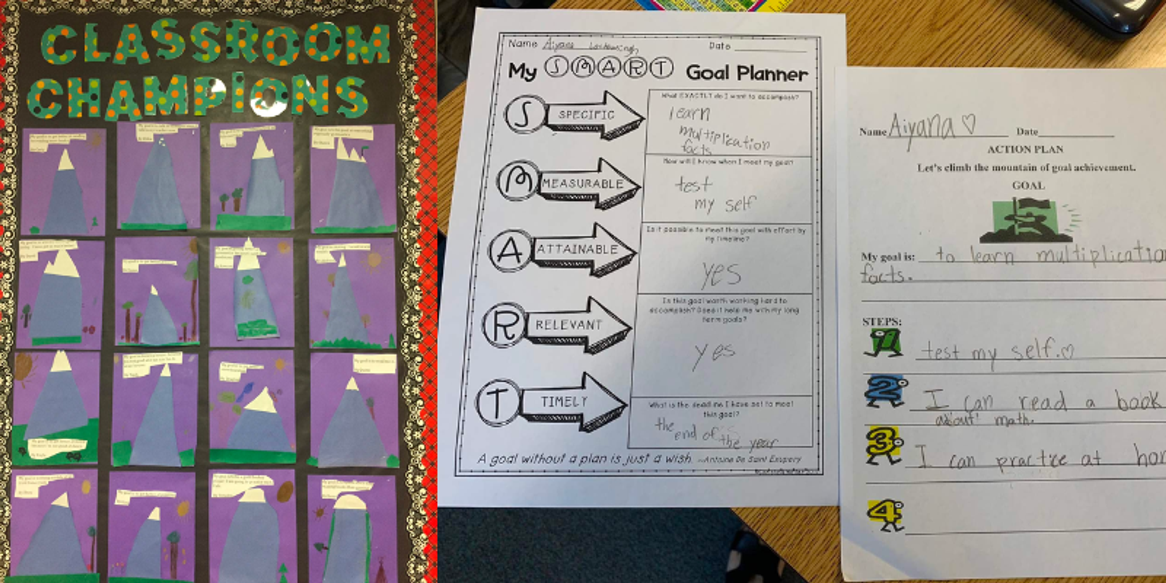 A student's SMART Goal Planner and action plan for learning multiplication, beside a Classroom Champions mountain-themed bulletin board.