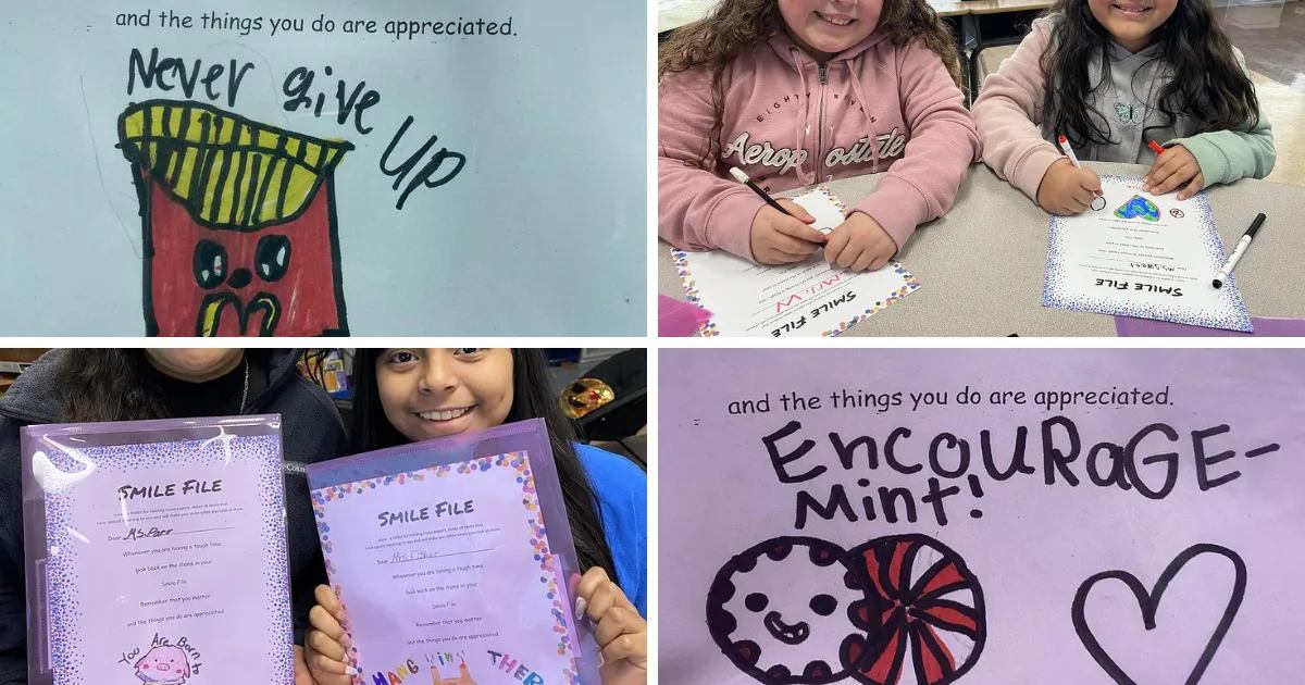 Students create encouraging drawings and fill out "Smile File" cards as part of a classroom kindness project.