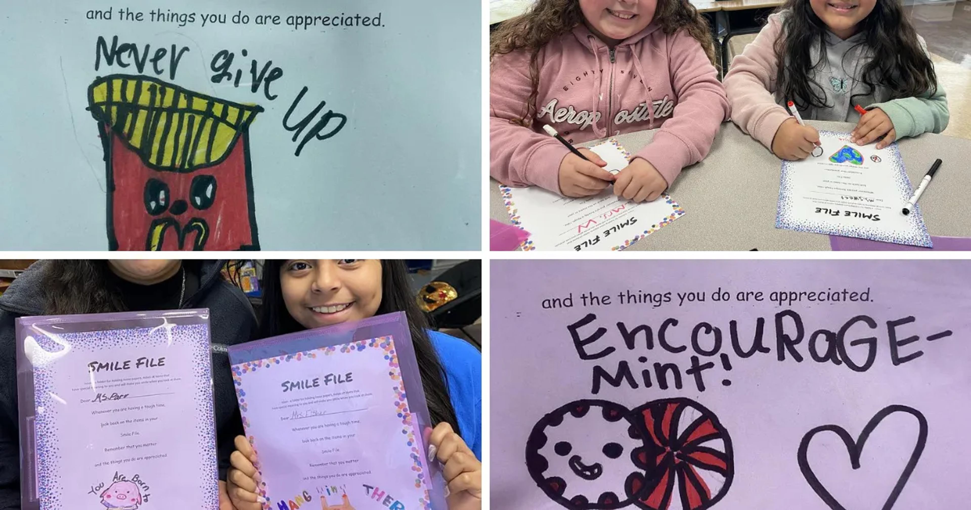 Students create encouraging drawings and fill out "Smile File" cards as part of a classroom kindness project.