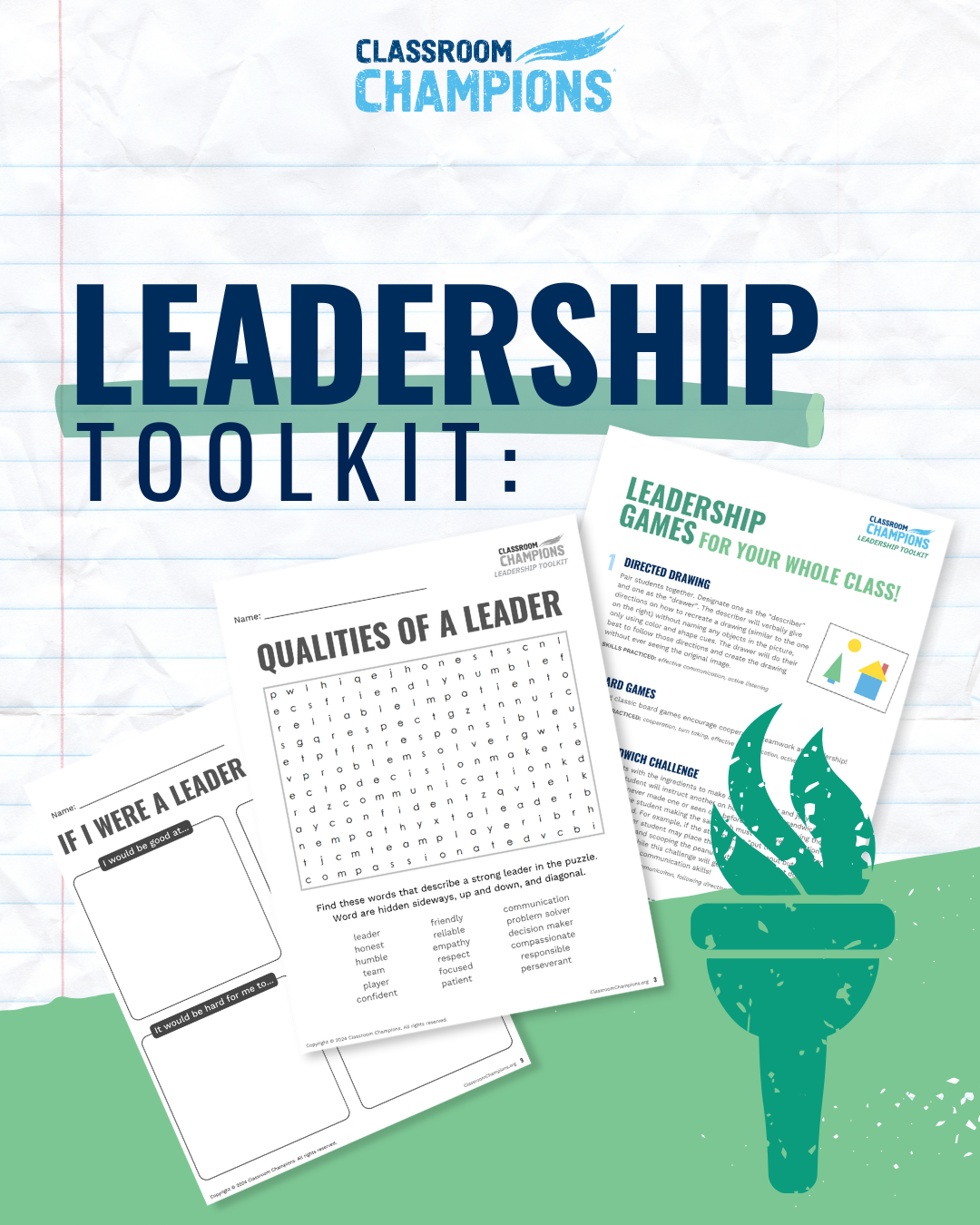 Cover for Classroom Champions' Leadership Toolkit, featuring worksheets like a leader qualities word search and leadership games.