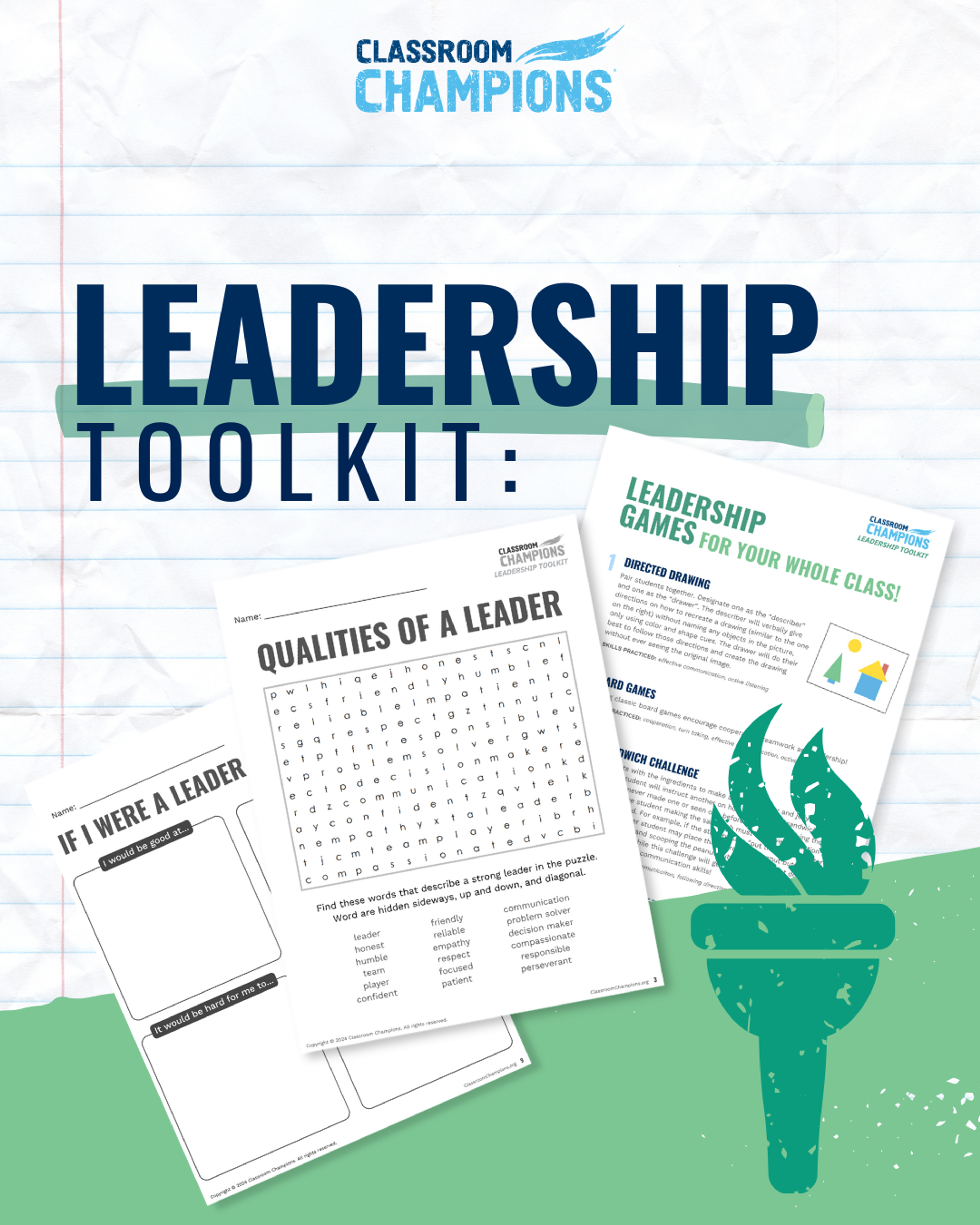 Cover for Classroom Champions' Leadership Toolkit, featuring worksheets like a leader qualities word search and leadership games.