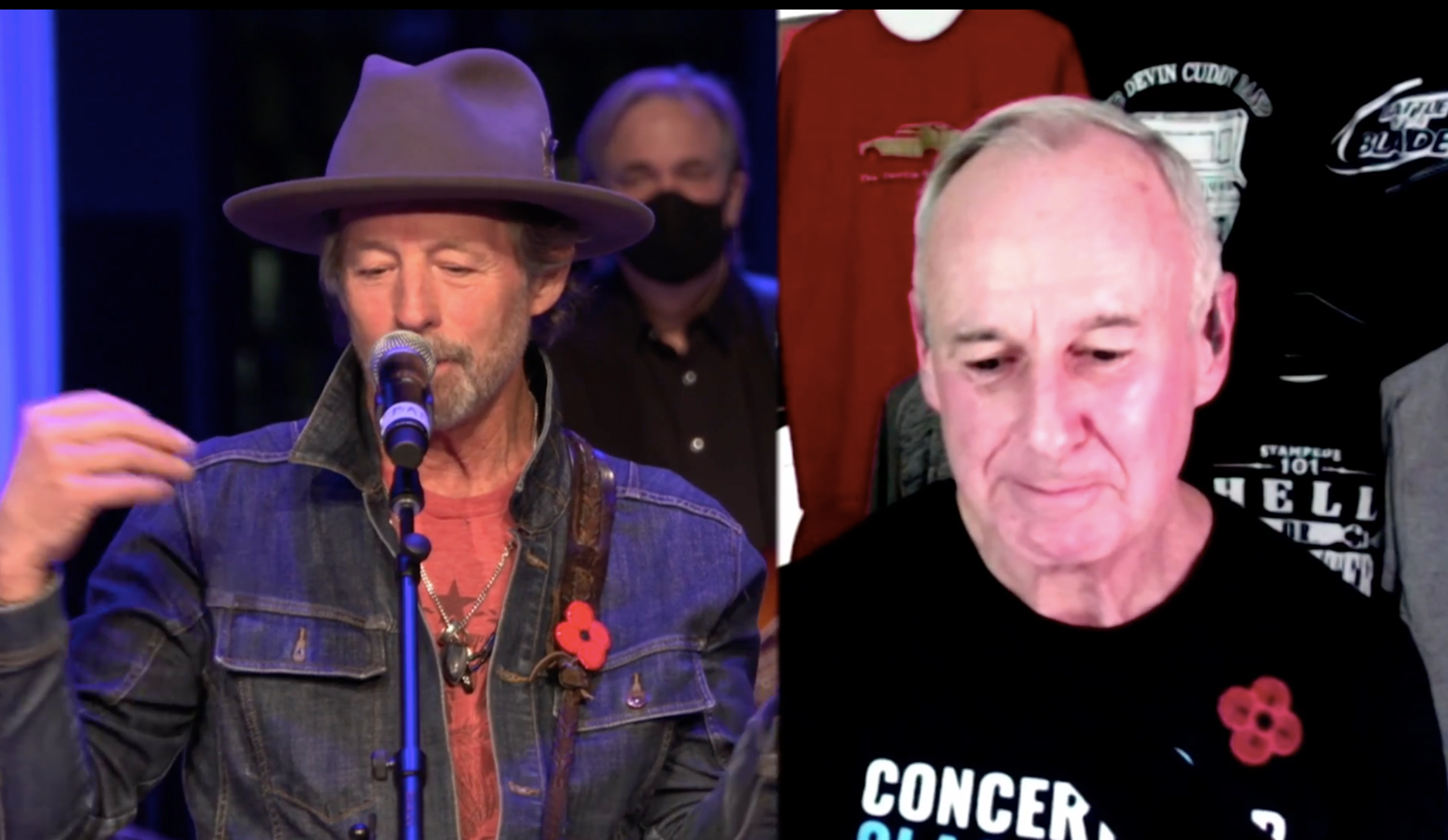 A musician performs at the mic while another supporter takes part remotely for Concert for Classrooms.