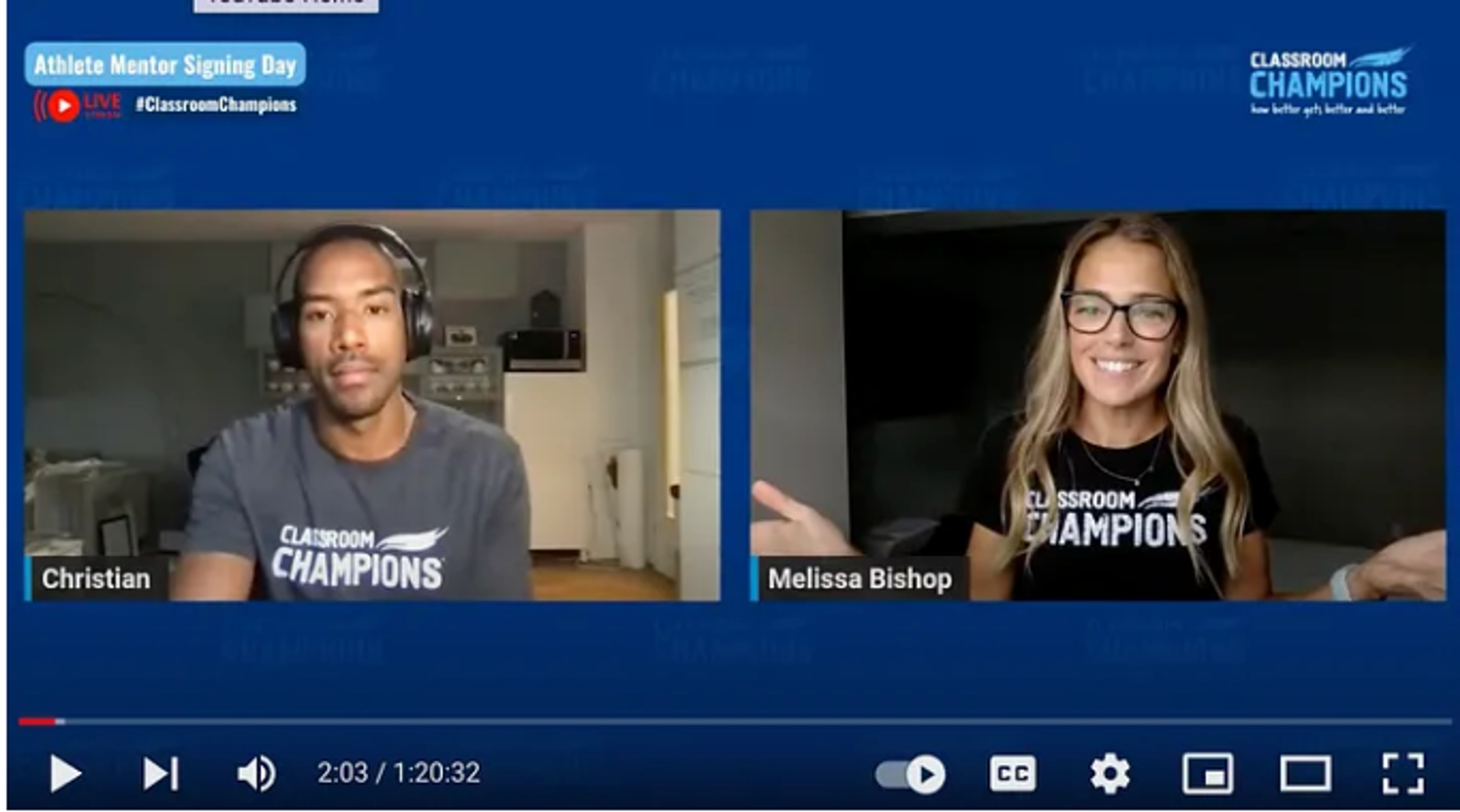 Video call screenshot of athlete mentors Christian and Melissa Bishop during Classroom Champions Athlete Mentor Signing Day.