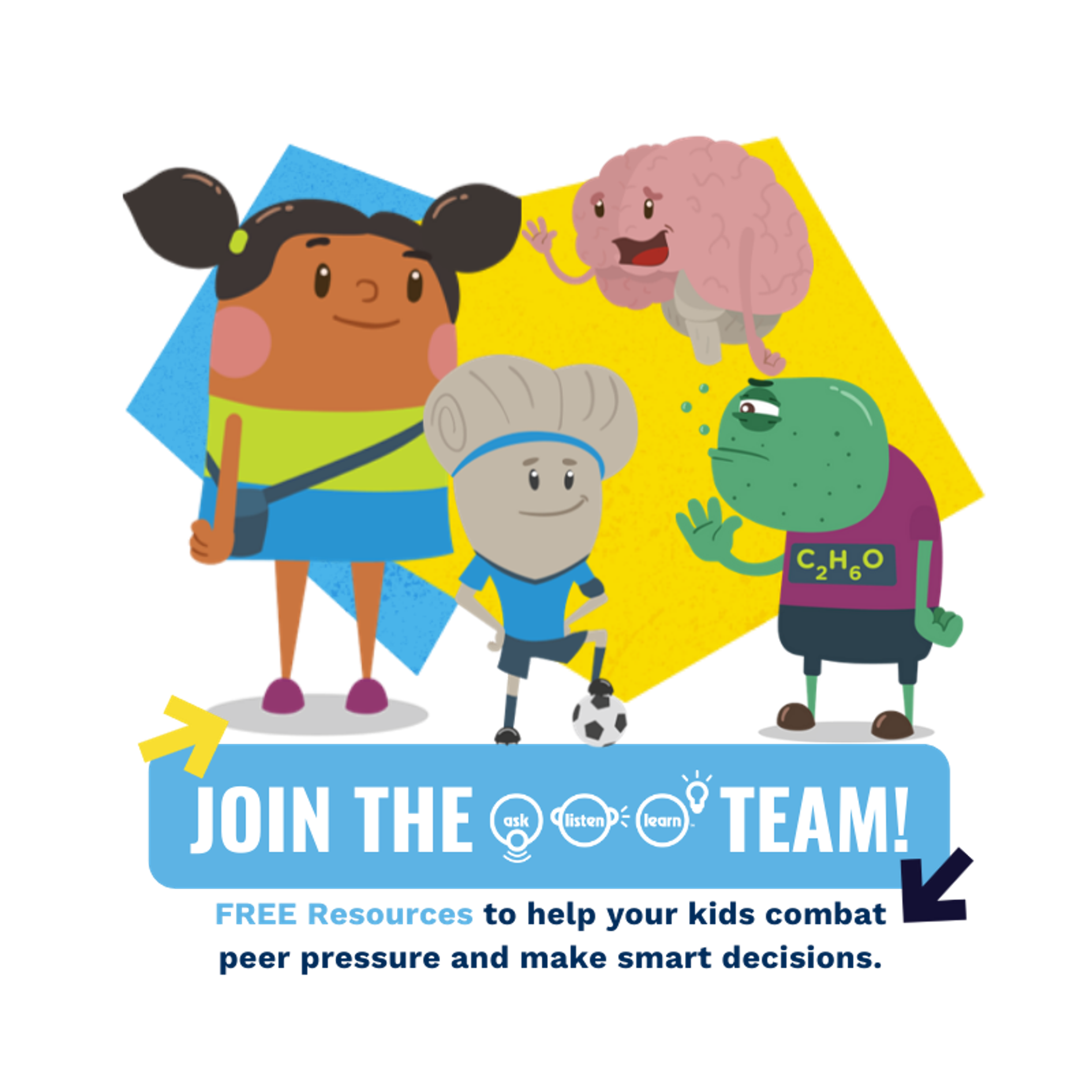 Ask, Listen, Learn characters with logo and text