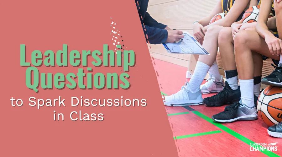 Coach reviews a play with basketball players on the bench, promoting leadership questions for classroom discussions.