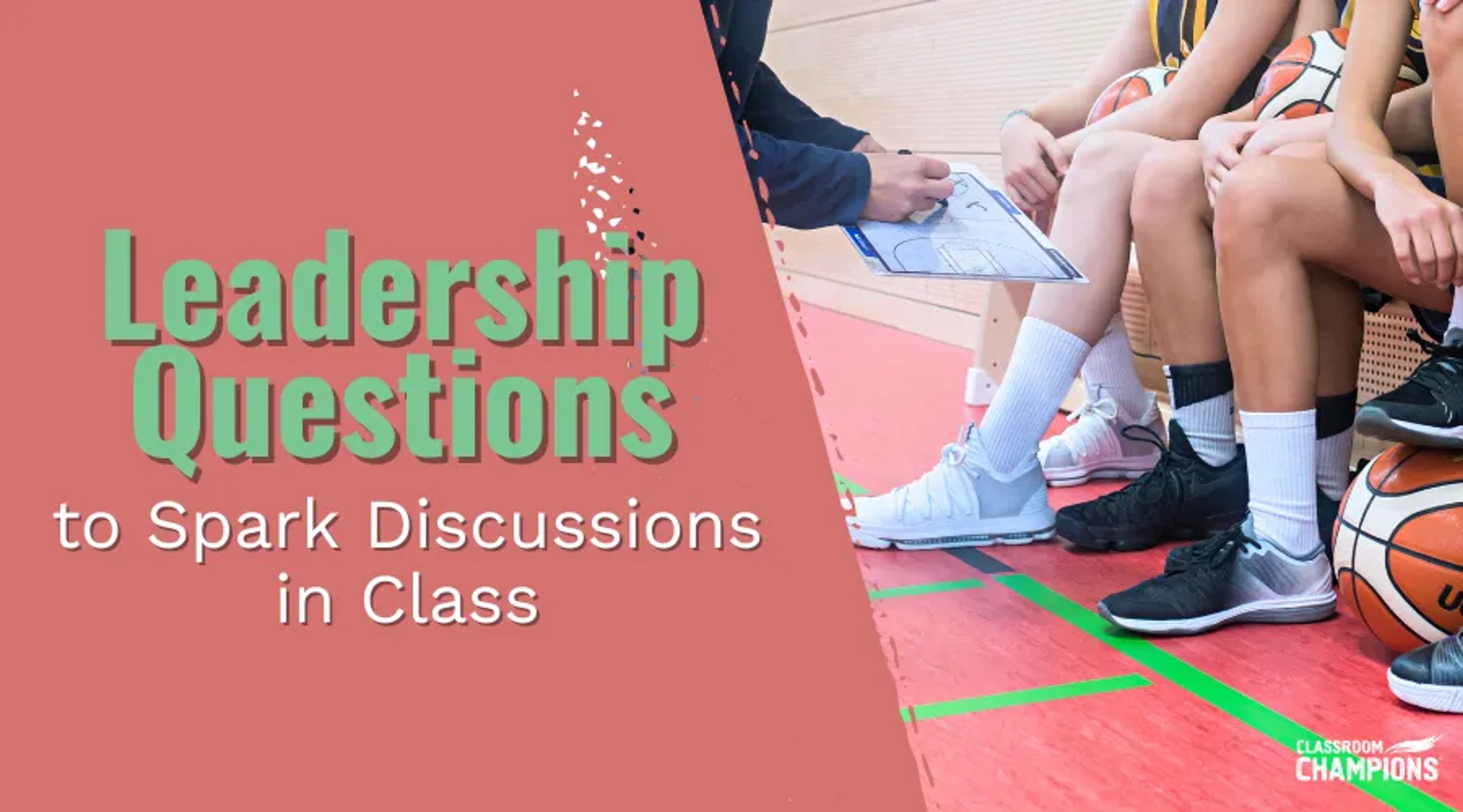 Coach reviews a play with basketball players on the bench, promoting leadership questions for classroom discussions.