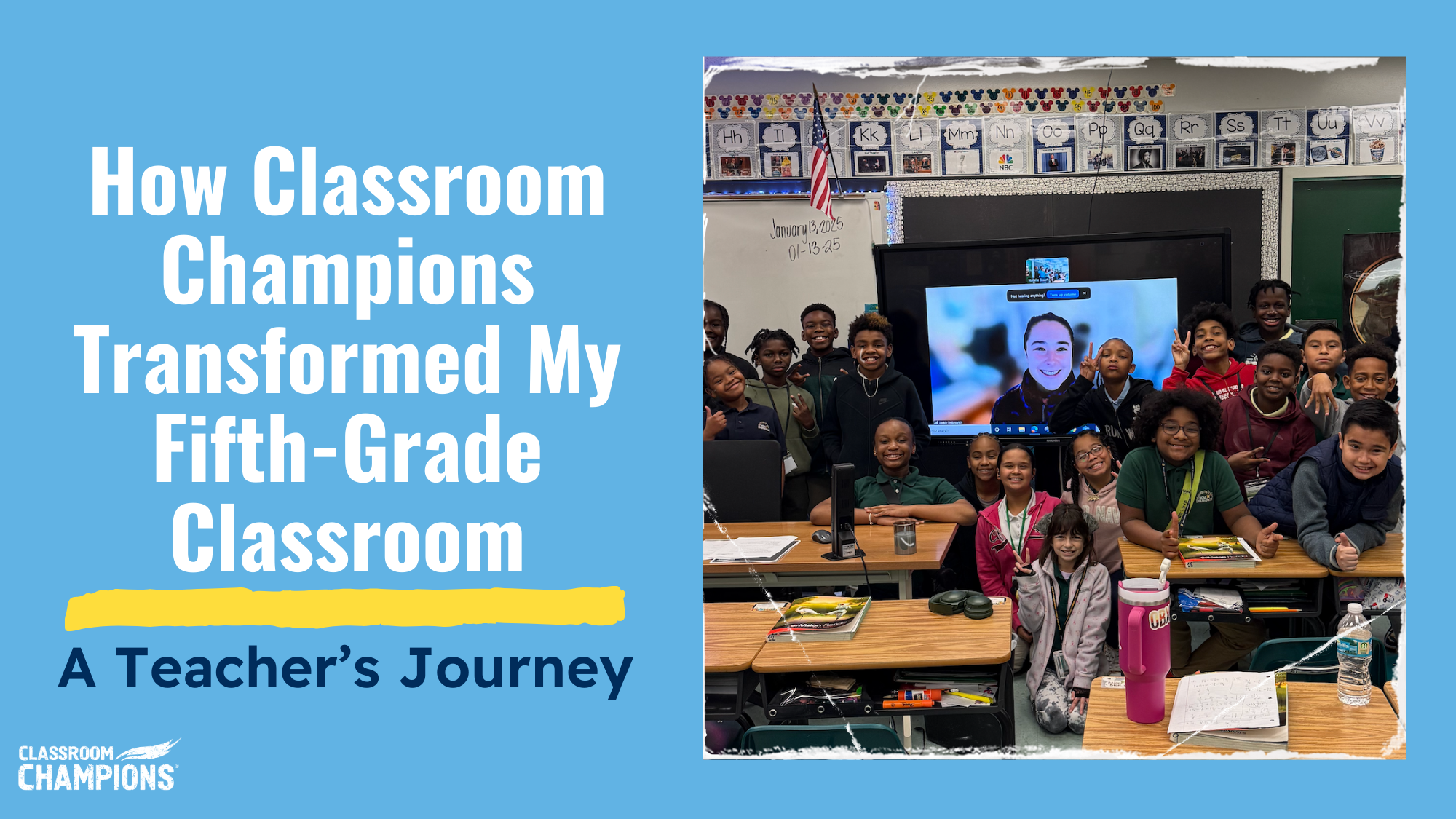 Fifth-grade students gather around a screen for a video call with their athlete mentor during a Classroom Champions session.