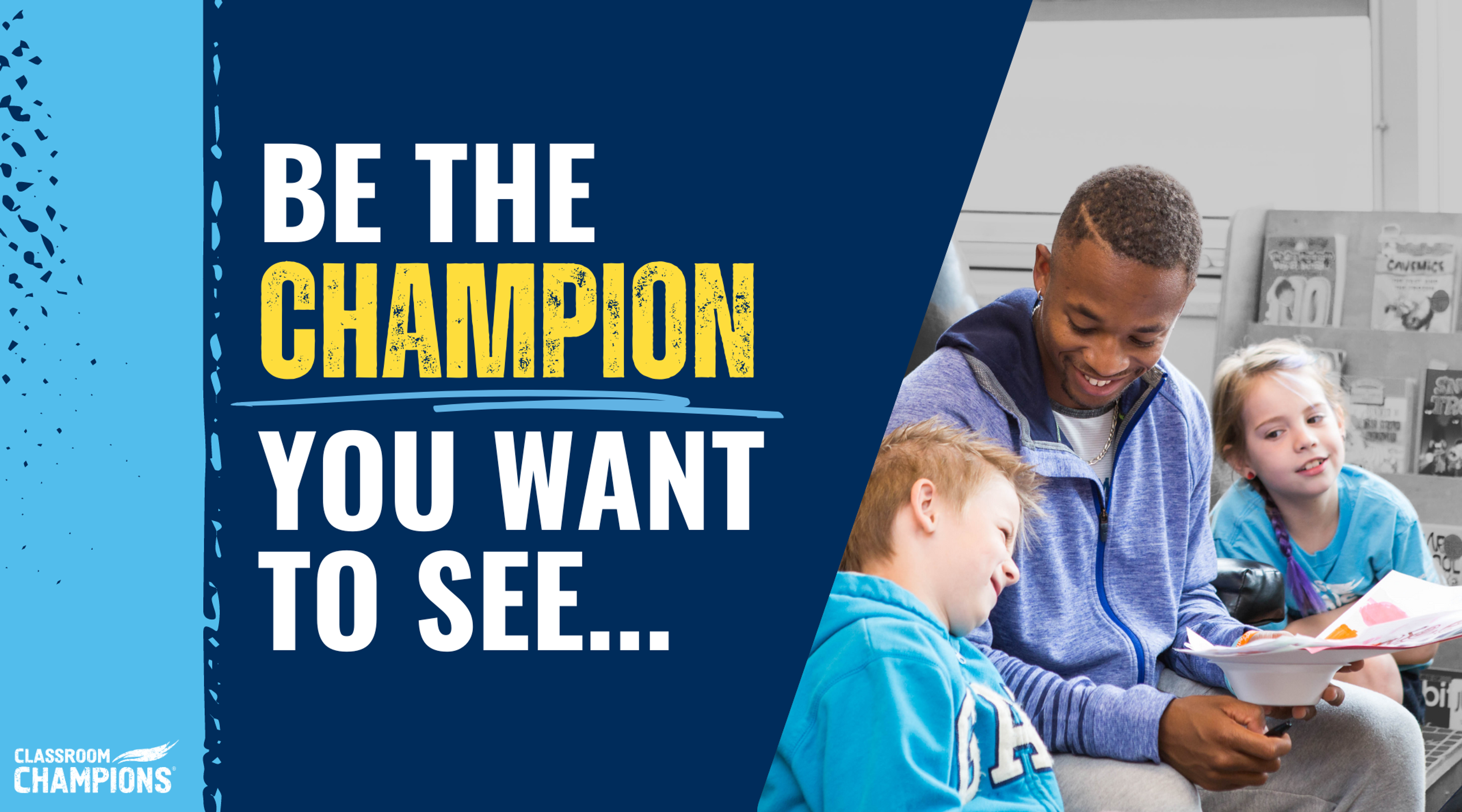 "Be the champion you want to see": a Classroom Champions mentor reading with two young students.