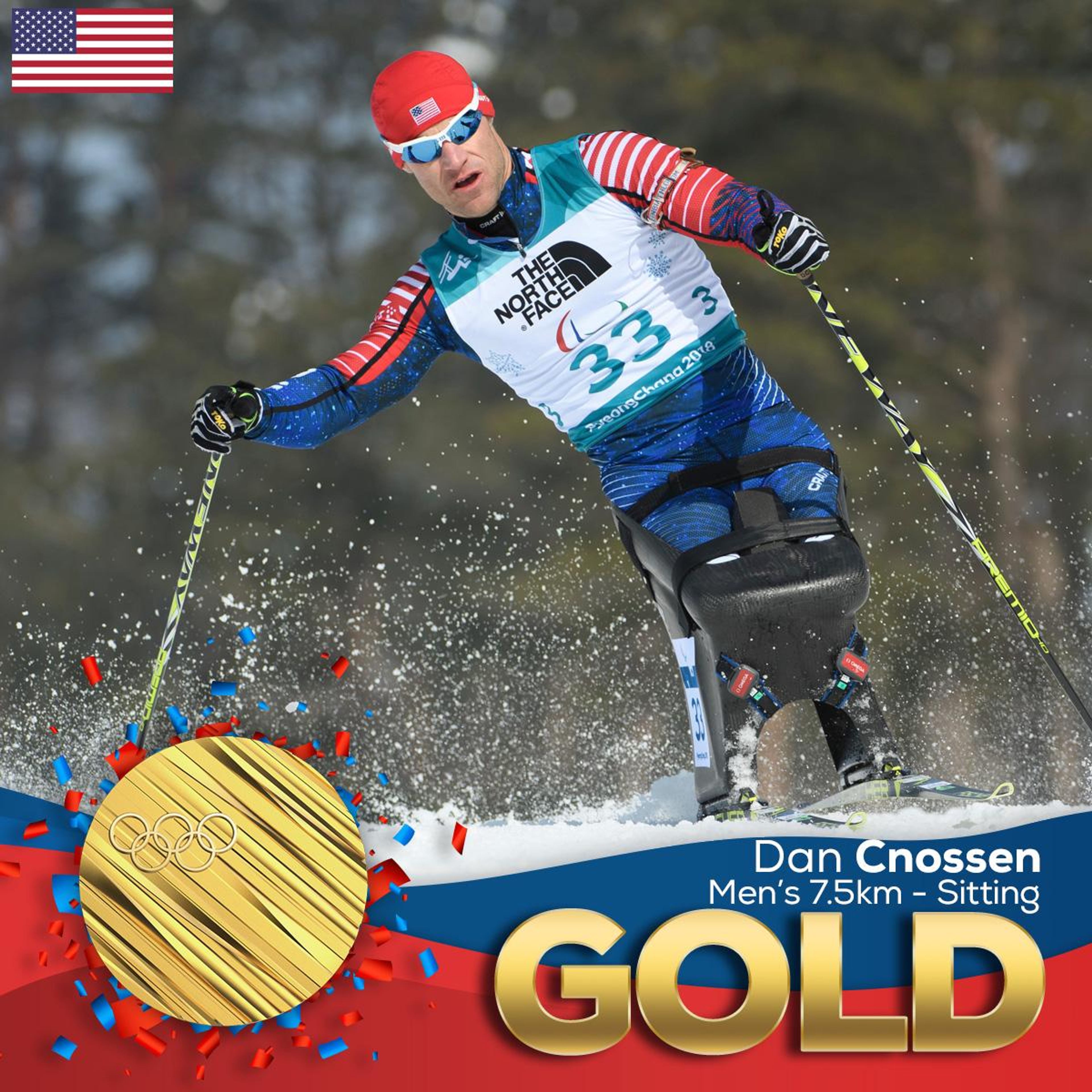 Dan Cnossen races on a sit-ski, celebrating his gold medal in the Men's 7.5km Sitting event.