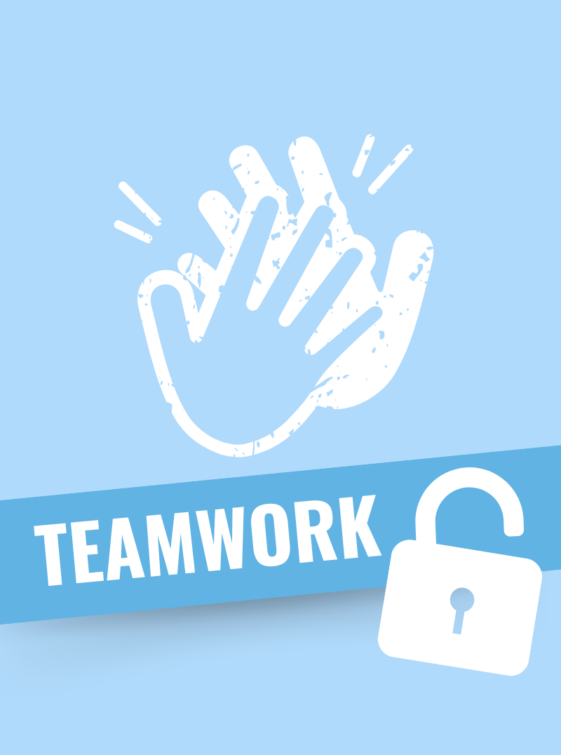 Teamwork toolkit resource card with a clapping hand icon and an unlocked padlock
