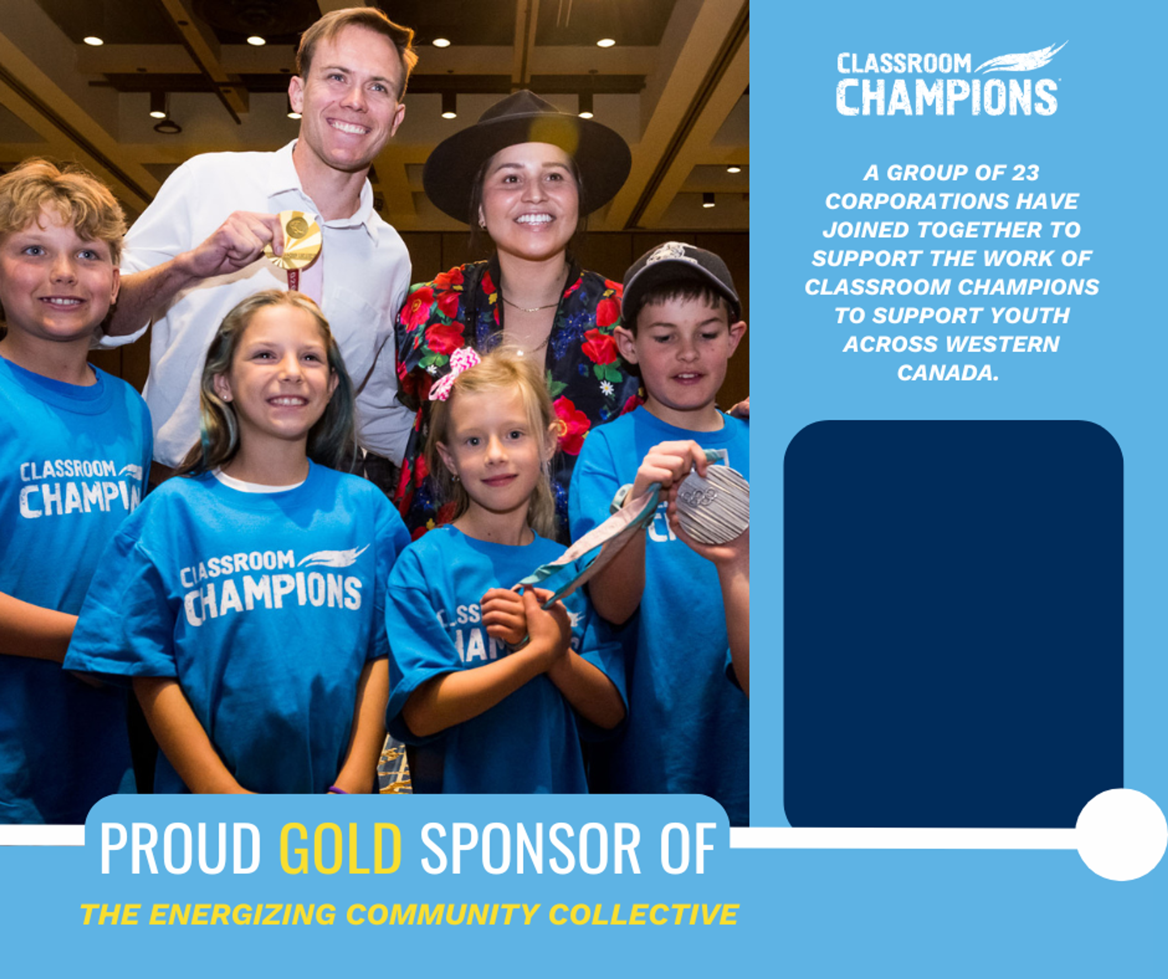 Athlete mentor with medal poses with Classroom Champions students; 23 corporations back the Energizing Community Collective as gold sponsor.