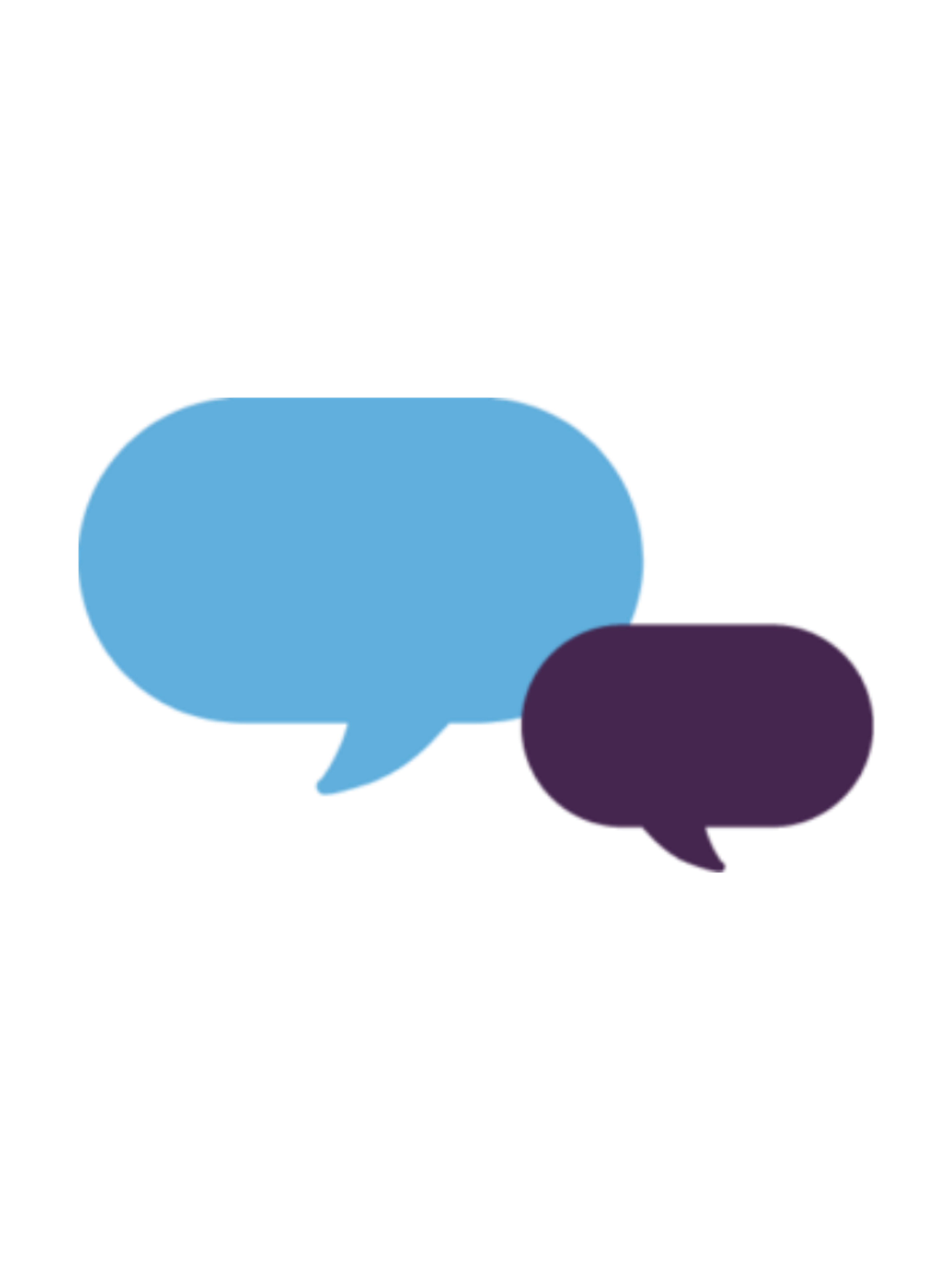 Two overlapping speech bubbles, one blue and one purple, representing conversation.