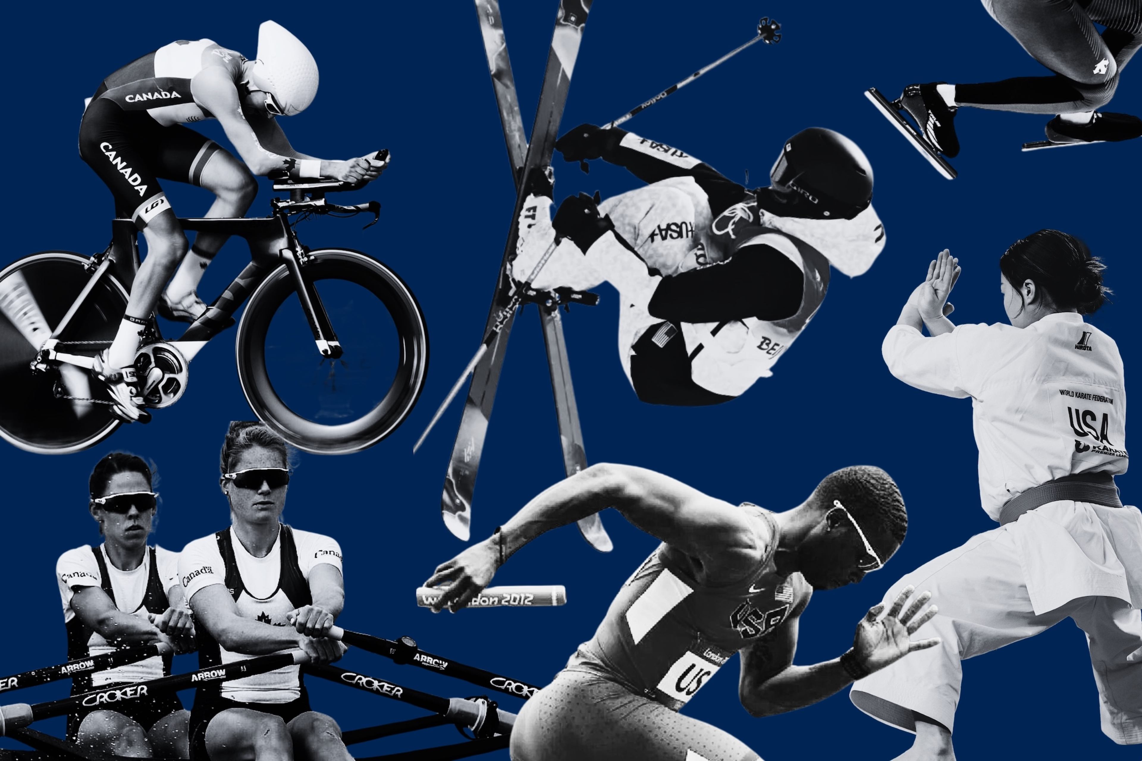 Collage of Classroom Champions mentor athletes competing in cycling, skiing, speed skating, karate, rowing, and track.