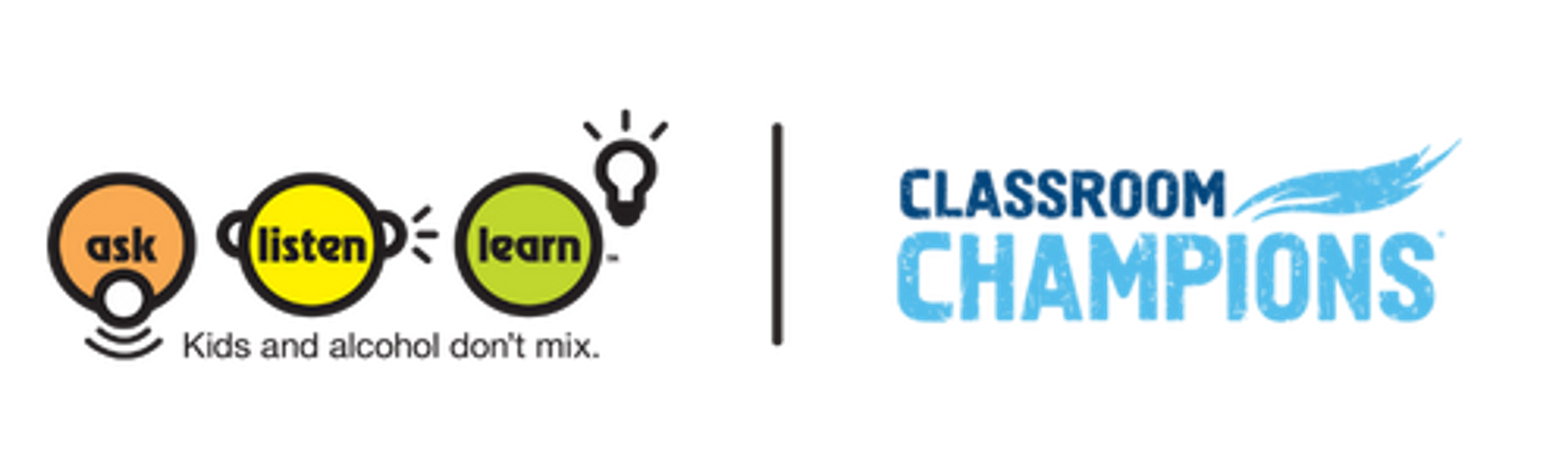 Logos for Ask, Listen, Learn: Kids and Alcohol Don't Mix, and Classroom Champions.