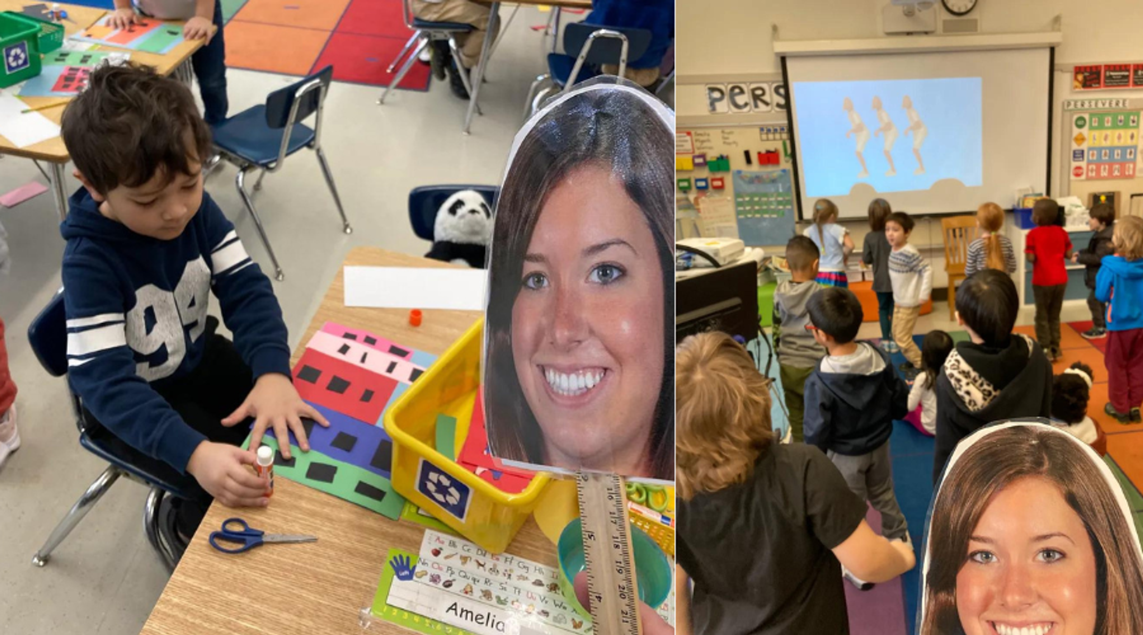 A student works on a craft project and a class follows a video lesson, both with a photo cutout of their mentor's face nearby.