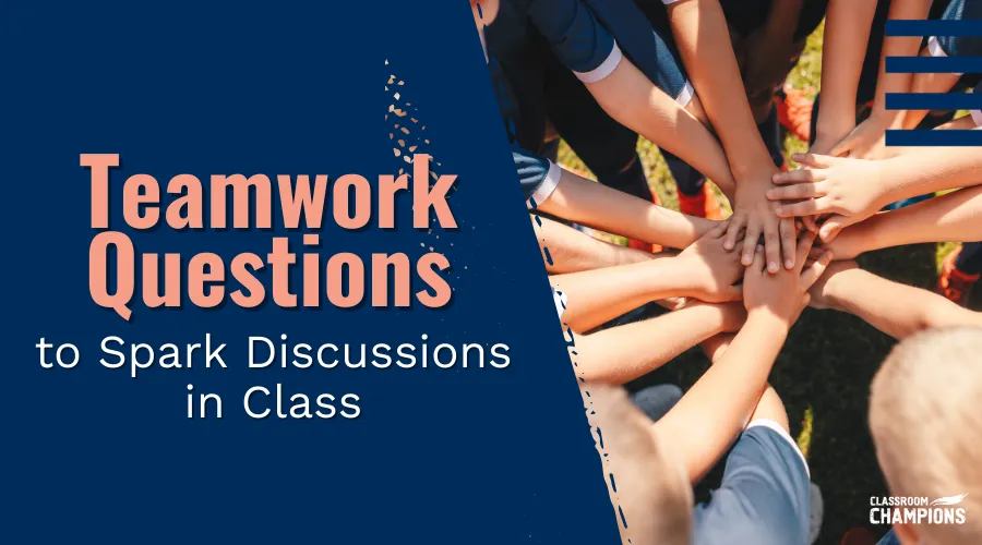 Students stack hands together in a huddle, illustrating teamwork questions for classroom discussions.