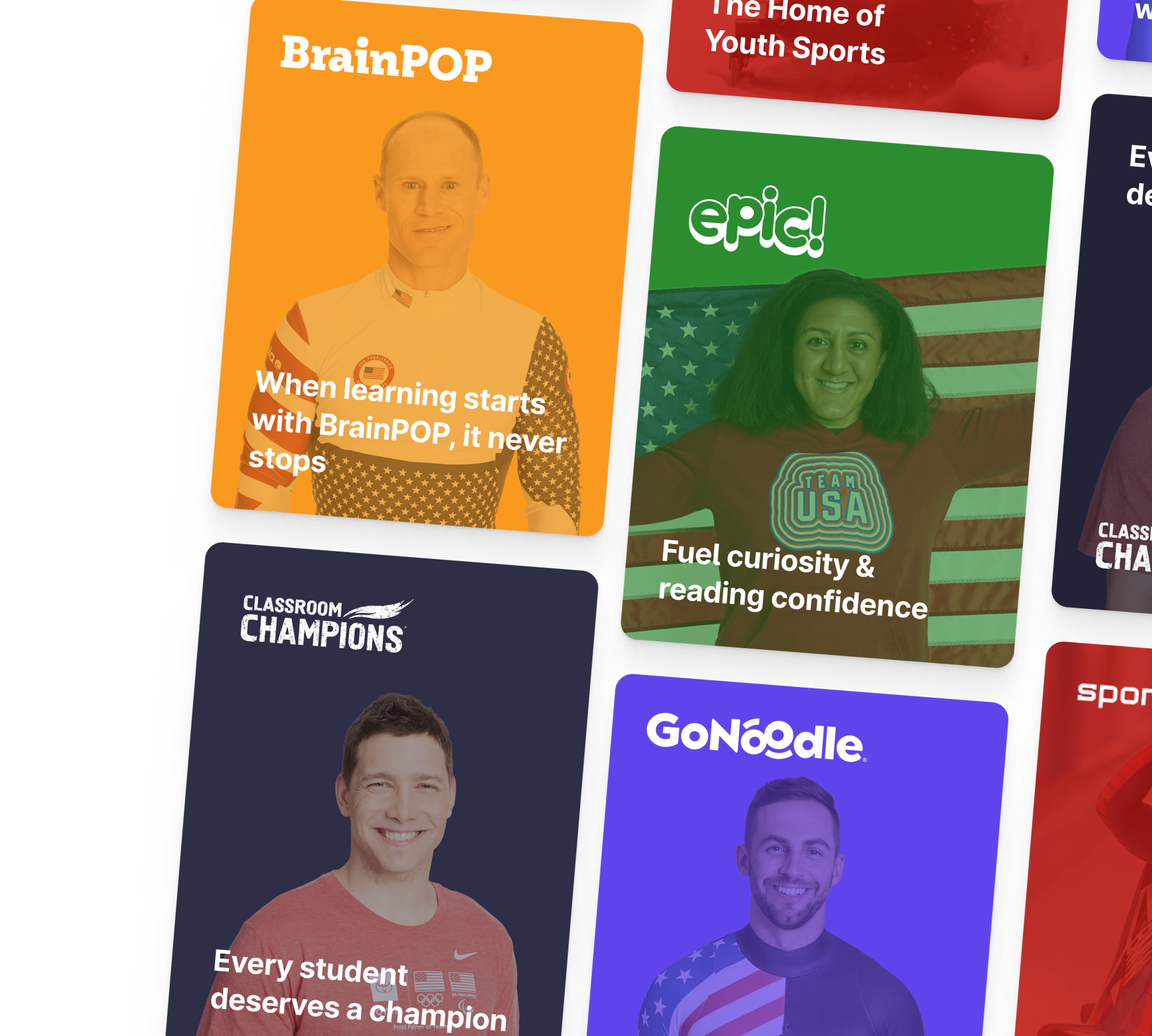 Partner brand cards including BrainPOP, Epic, GoNoodle, and Classroom Champions, each with a message on youth learning and sports.