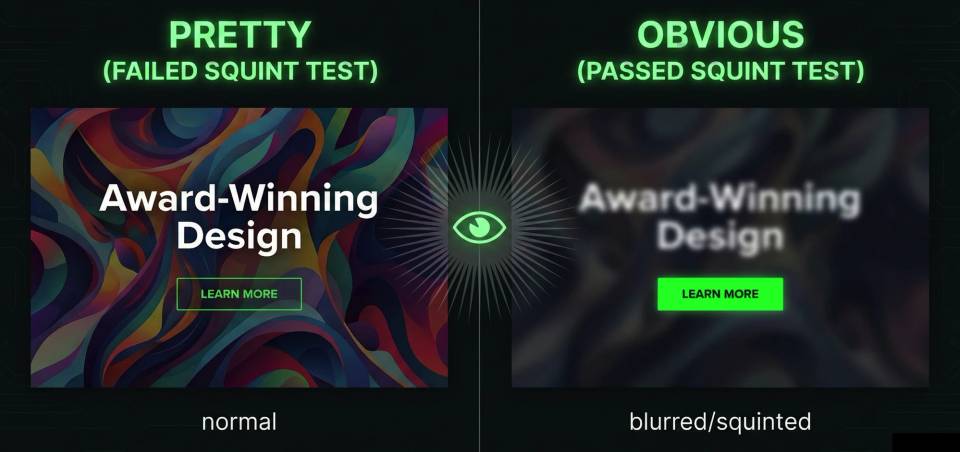 Comparison graphic showing a pretty design failing the squint test and an obvious design passing it.