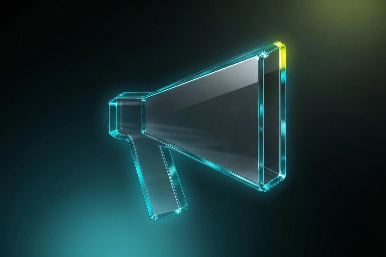 Glass megaphone with teal edge light and a lime accent, floating against a soft teal and lime glow
