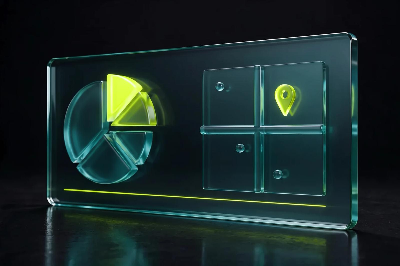Glass slab showing a pie chart with one Scaler lime segment pulled out, beside a positioning grid with a lime map pin