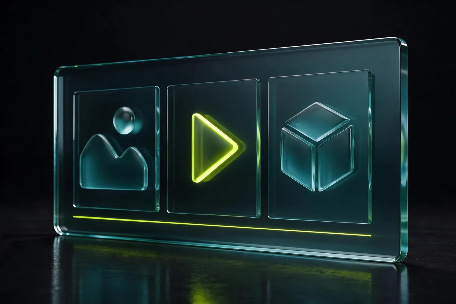 Glass slab showing three tiles: a photo symbol, a Scaler lime play button for video, and a 3D cube