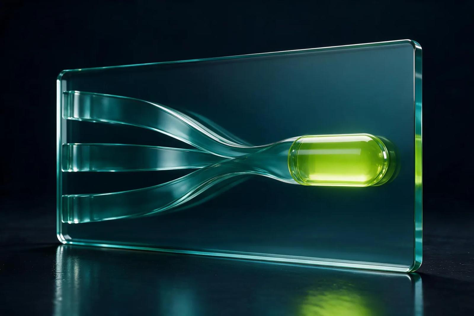 Three sculptural glass message streams converging into a luminous Scaler lime core