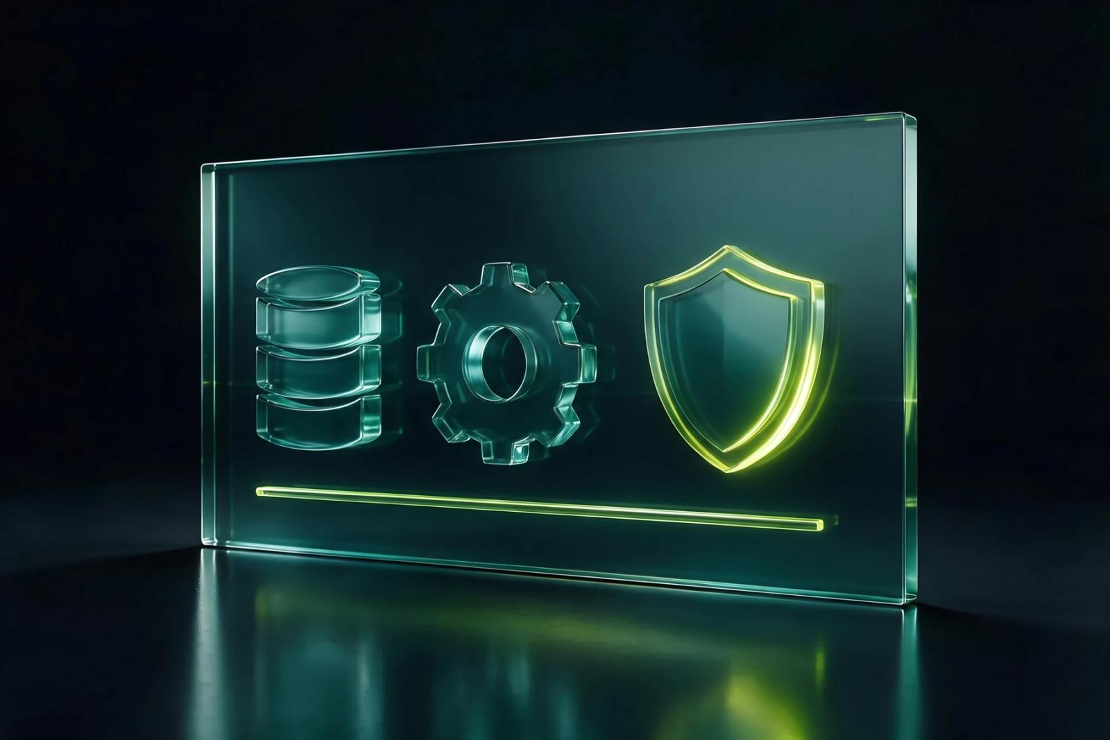 Glass website maintenance board with database, settings and security symbols