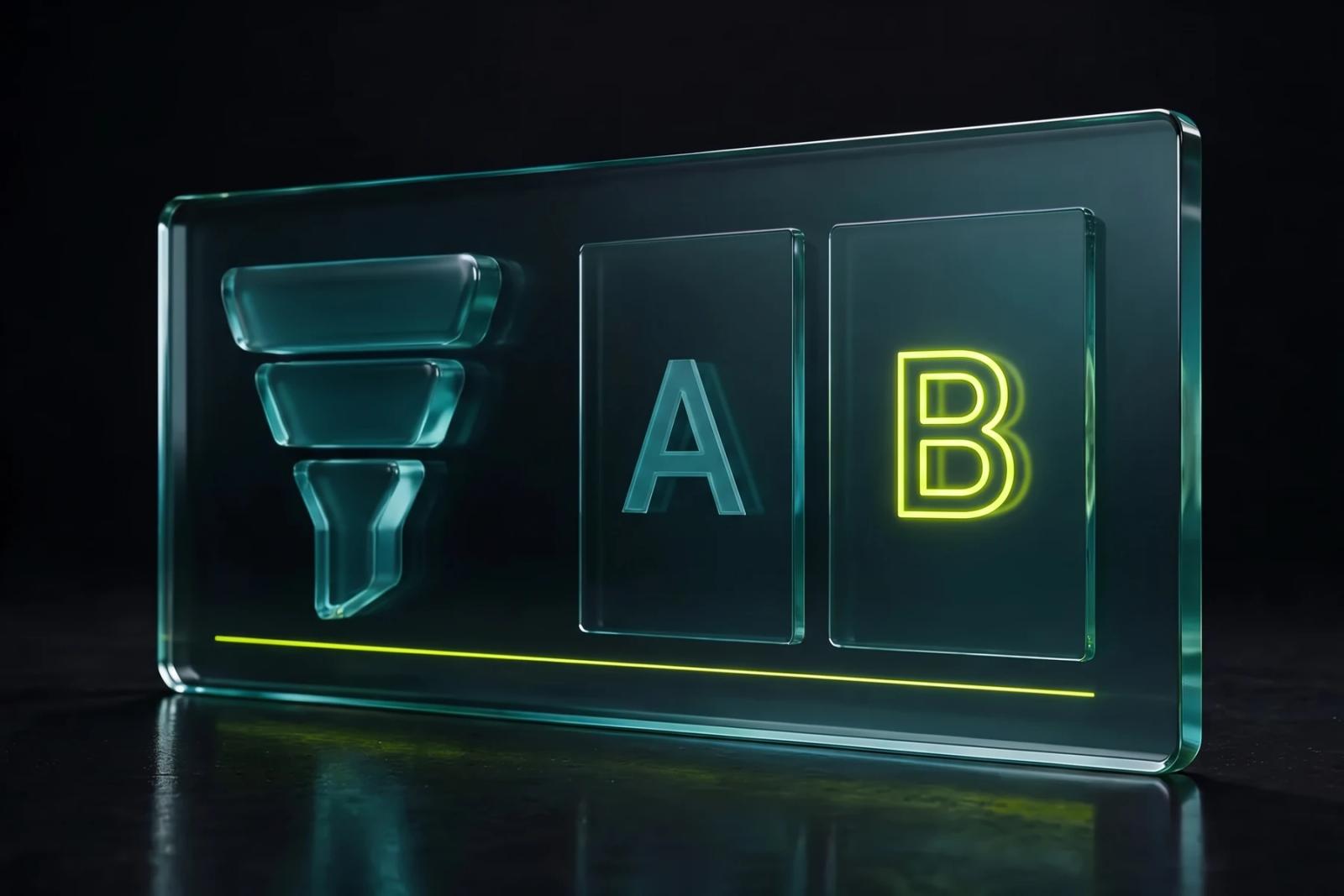 Glass slab showing a conversion funnel beside an A/B test, with the winning B card in Scaler lime