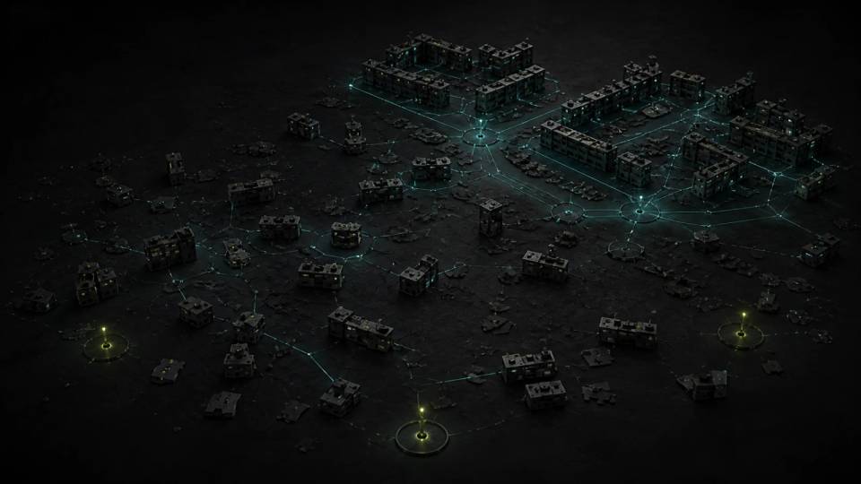A tall central authority tower distributing topical strength across an organized content network