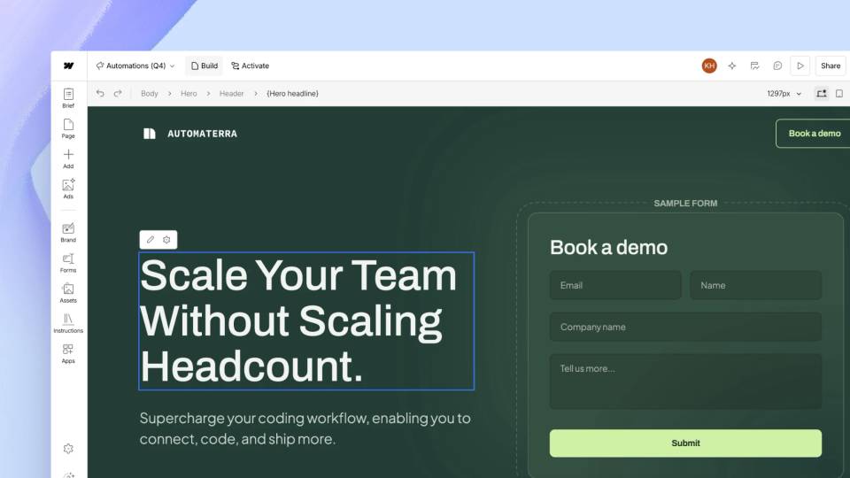 Webflow Campaigns builder showing a demo-request landing page being edited, with tools for the brief, ads, brand, forms, and assets.
