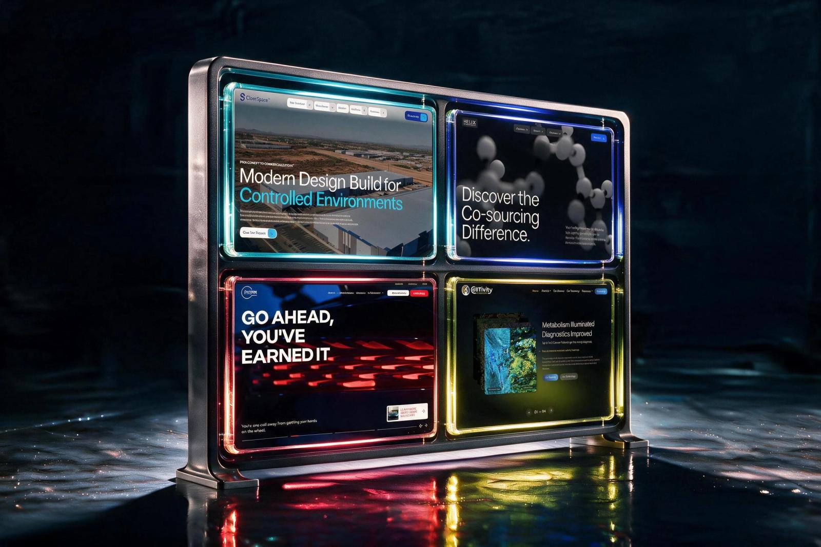 Glass four-panel display featuring CleanSpace, Helix Biostructures, Putnam Leasing, and CellTivity projects