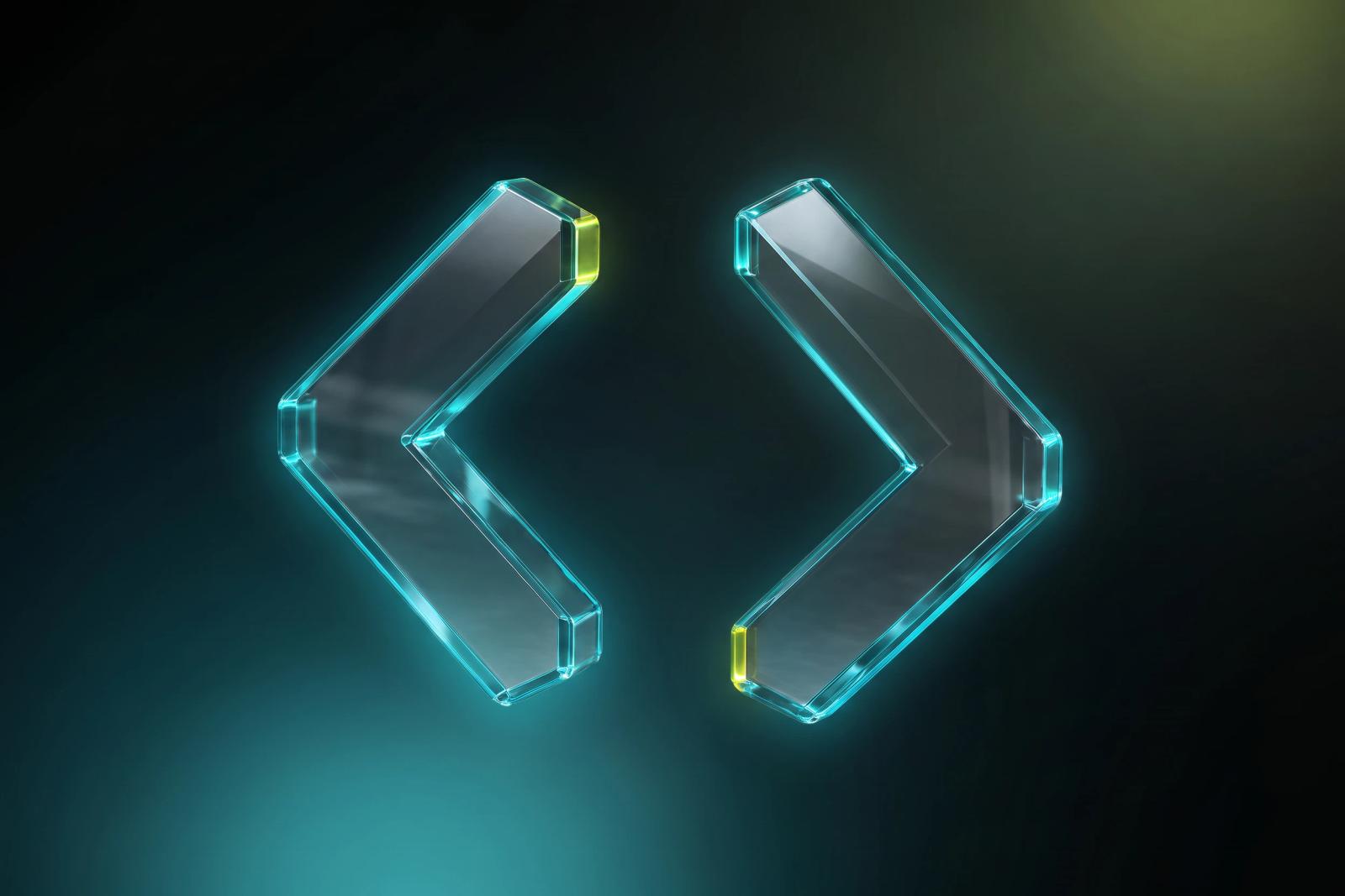 Pair of glass code brackets with teal edge light, floating against a soft teal and lime glow