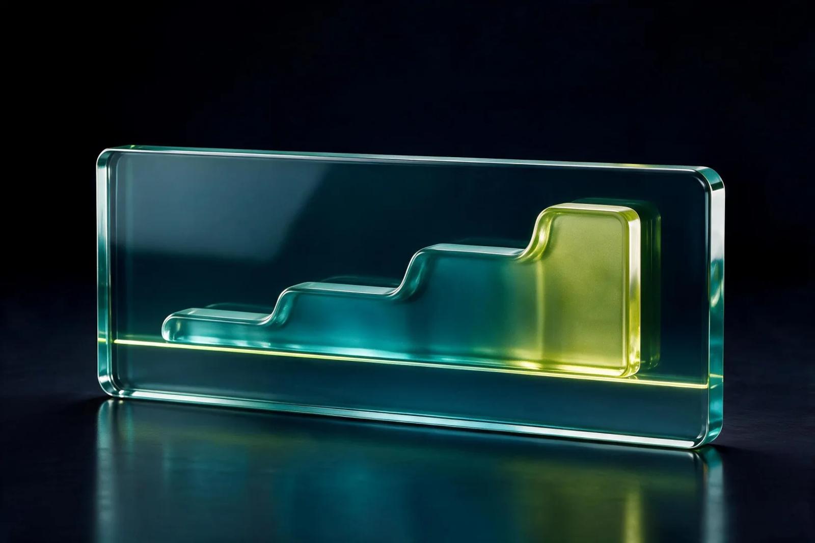 Translucent teal-to-lime stepped growth form fused into a dark glass board