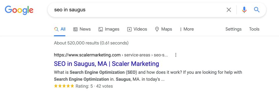 Google search results screenshot showing Scaler Marketing ranking #1 for “SEO in Saugus.”
