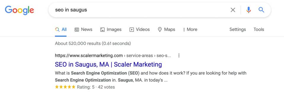 Google search results screenshot showing Scaler Marketing ranking #1 for “SEO in Saugus.”