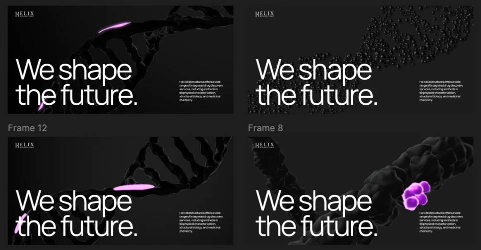 Helix Biostructures iterative design concepts showing multiple visual directions with molecular imagery