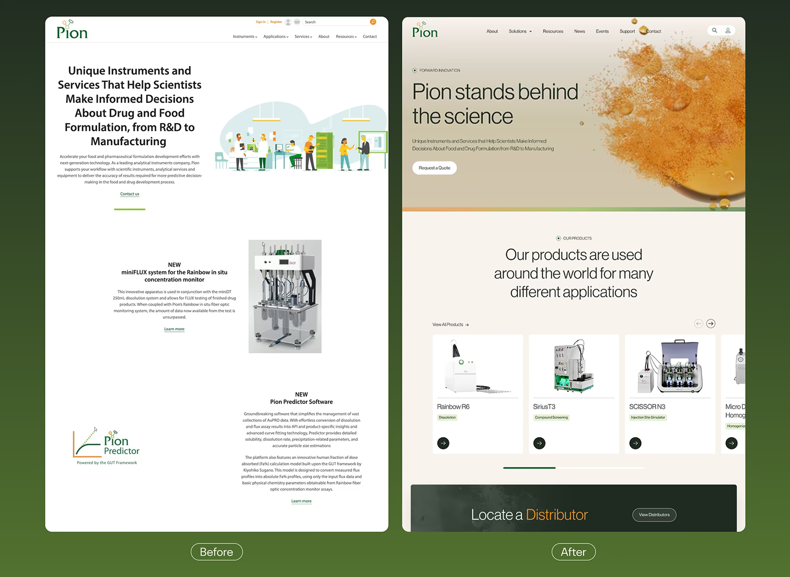 Pion Inc. website before and after