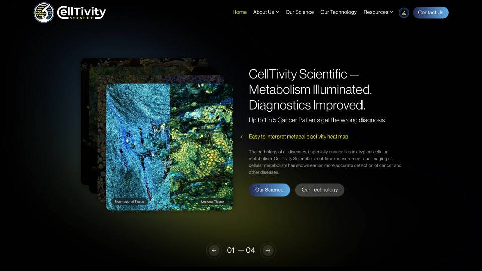CellTivity Scientific homepage showing metabolism diagnostics messaging and cellular tissue heat map imagery.