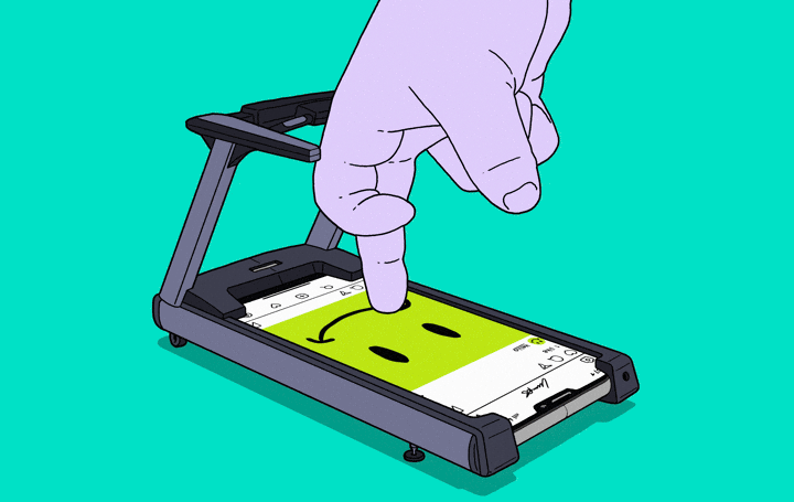 Pink animated illustration by Lumps of a hand scrolling on a phone mounted on a treadmill.