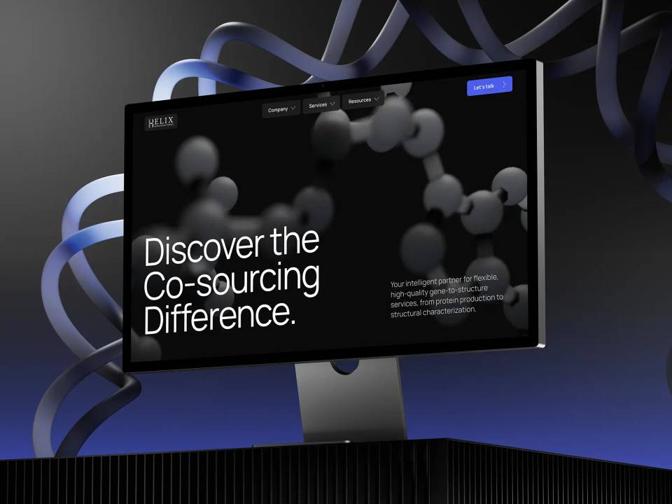Helix Biostructures website displayed on a desktop monitor with molecular graphics in the background.