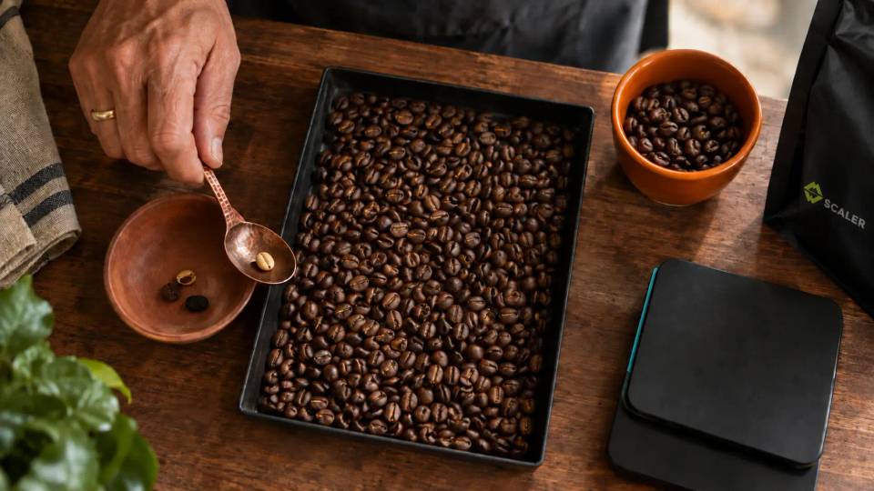 Overhead view of a barista inspecting roasted coffee beans on a walnut counter, with Scaler-branded packaging and copper tools.