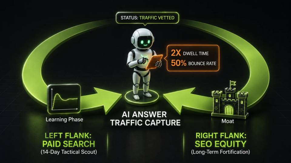 AI answer traffic capture diagram showing paid search and SEO equity as two paths to vetted traffic.