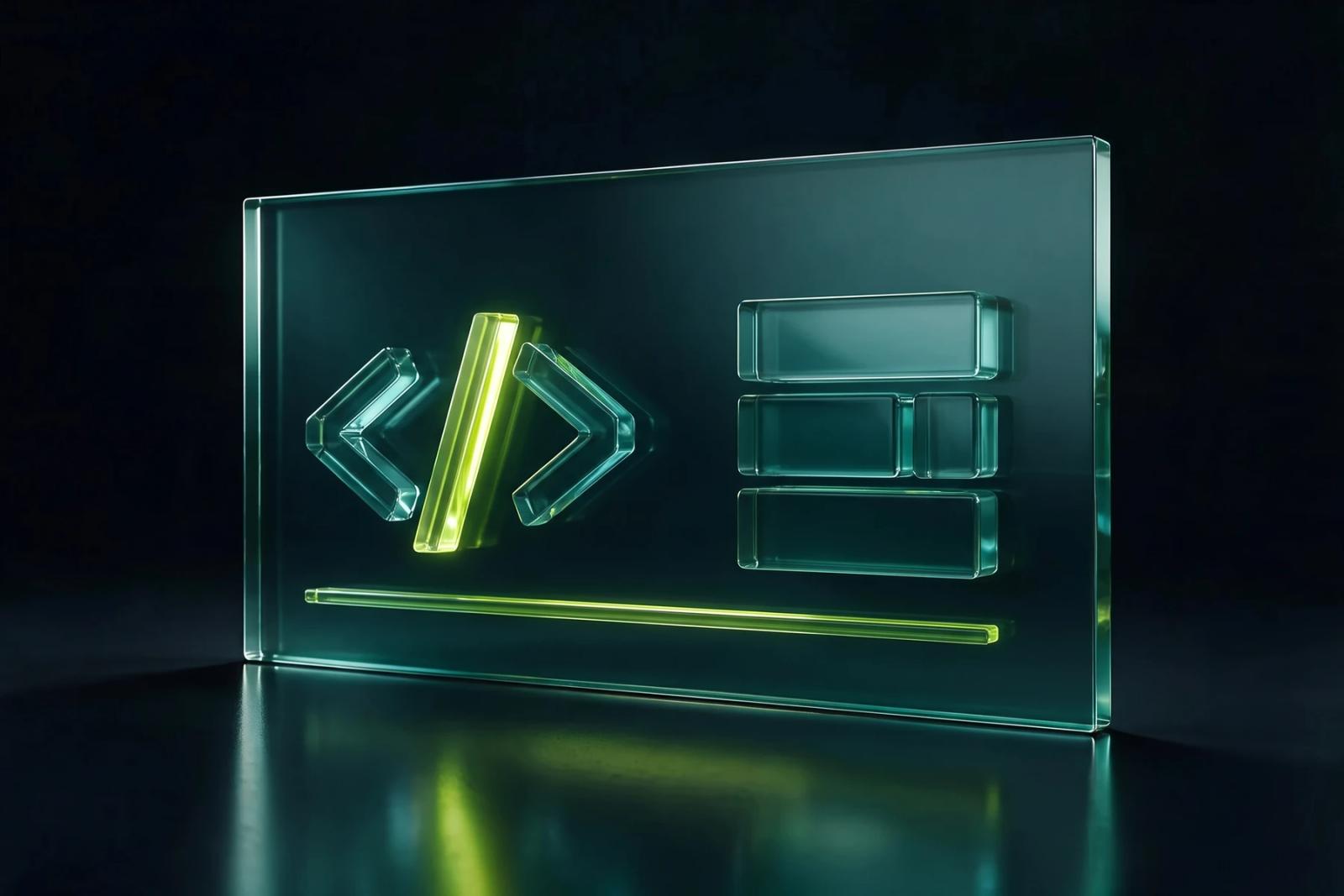 Glass slab holding code brackets with a Scaler lime slash beside a stack of component blocks