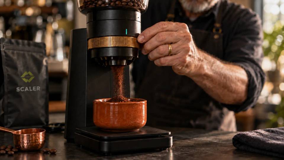 Barista adjusts a matte-black grinder as coffee grounds fall into a terracotta vessel, with a softly blurred Scaler coffee bag nearby.